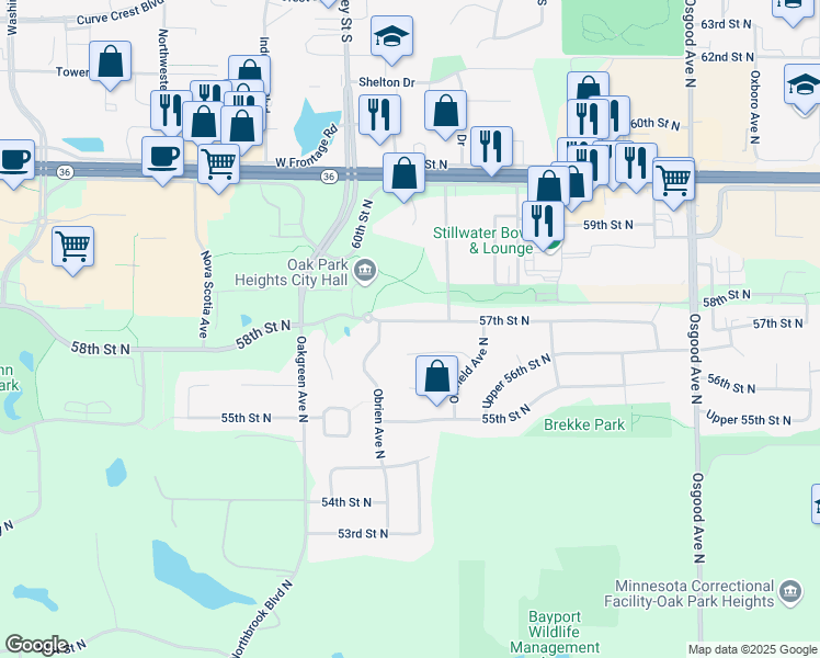 map of restaurants, bars, coffee shops, grocery stores, and more near 14247 57th Street North in Stillwater