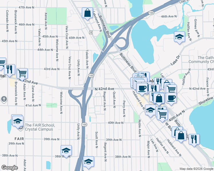 map of restaurants, bars, coffee shops, grocery stores, and more near 5016 North 42nd Avenue in Minneapolis