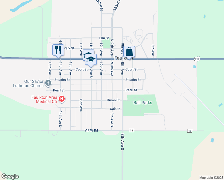 map of restaurants, bars, coffee shops, grocery stores, and more near 899 Pearl Street in Faulkton