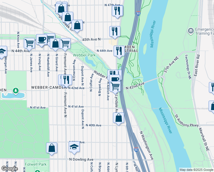 map of restaurants, bars, coffee shops, grocery stores, and more near 4167 Aldrich Avenue North in Minneapolis