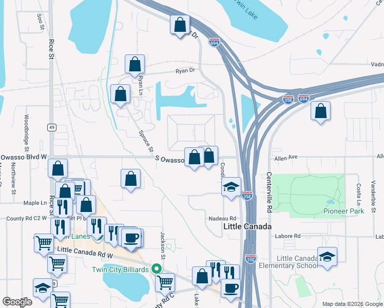 map of restaurants, bars, coffee shops, grocery stores, and more near 121 Big Circle Drive in Saint Paul