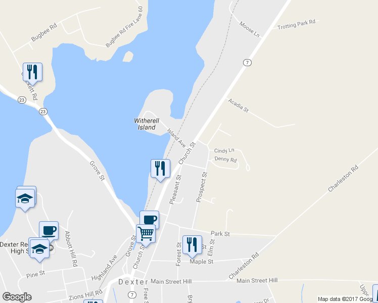 map of restaurants, bars, coffee shops, grocery stores, and more near 149 Church Street in Dexter