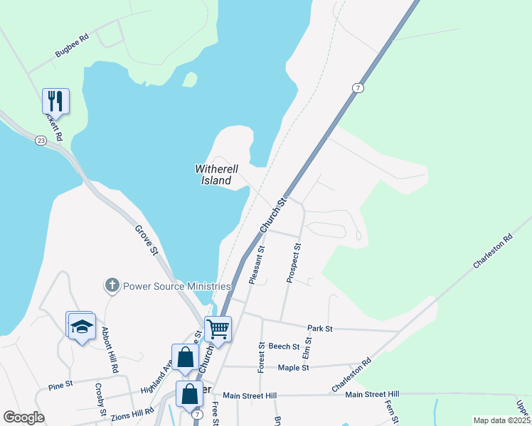 map of restaurants, bars, coffee shops, grocery stores, and more near 149 Church Street in Dexter