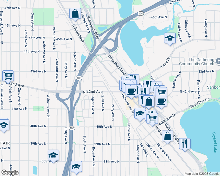 map of restaurants, bars, coffee shops, grocery stores, and more near 4750 North 42nd Avenue in Minneapolis
