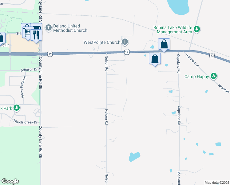 map of restaurants, bars, coffee shops, grocery stores, and more near 2980 Nelson Road in Delano