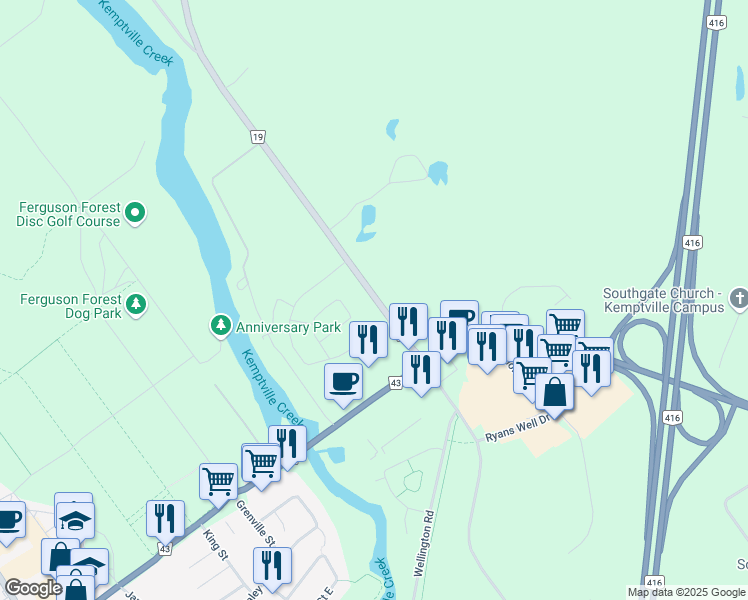 map of restaurants, bars, coffee shops, grocery stores, and more near 5859 Ottawa Regional Road 19 in Kemptville