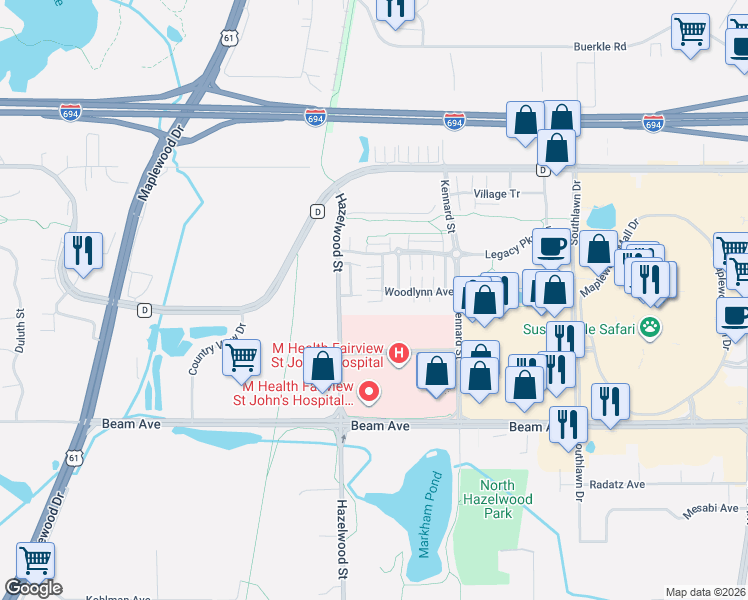 map of restaurants, bars, coffee shops, grocery stores, and more near 3012 Cottage Lane North in Saint Paul