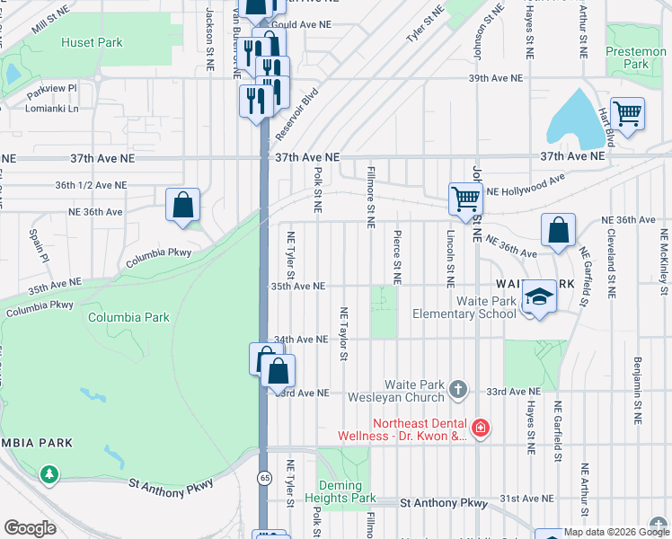 map of restaurants, bars, coffee shops, grocery stores, and more near 3507 Polk Street Northeast in Minneapolis