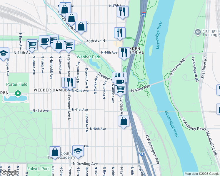map of restaurants, bars, coffee shops, grocery stores, and more near 4167 Aldrich Avenue North in Minneapolis