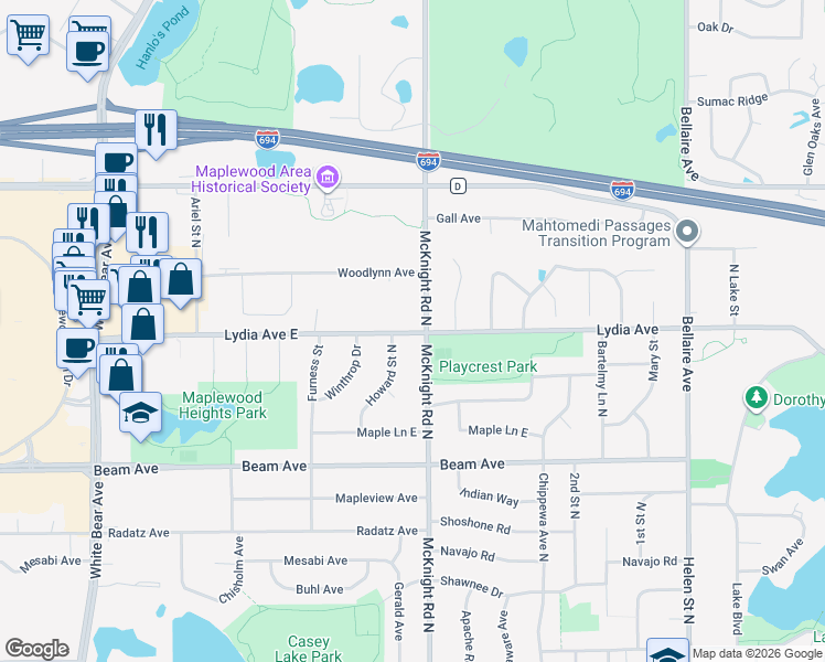 map of restaurants, bars, coffee shops, grocery stores, and more near 2992 Howard Street in Maplewood