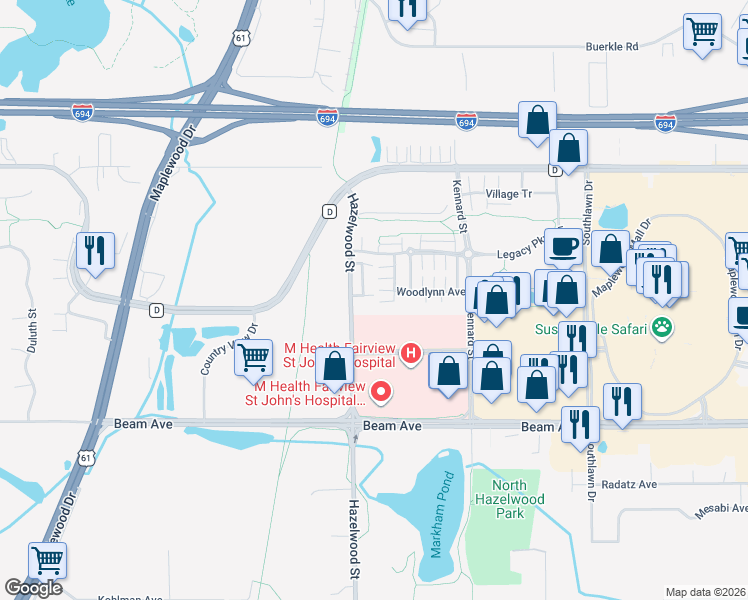 map of restaurants, bars, coffee shops, grocery stores, and more near 3012 Cottage Lane North in Saint Paul