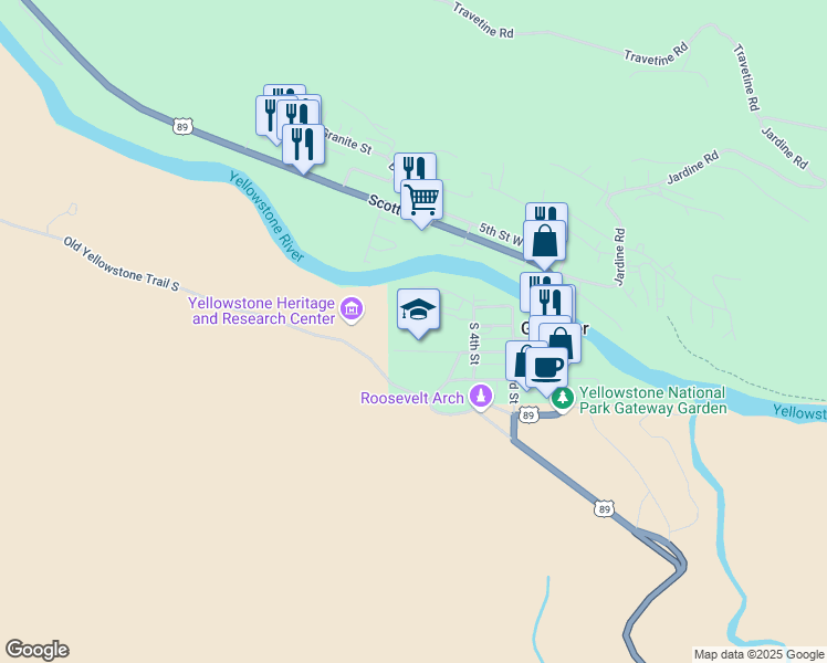 map of restaurants, bars, coffee shops, grocery stores, and more near 510 Stone Street in Gardiner