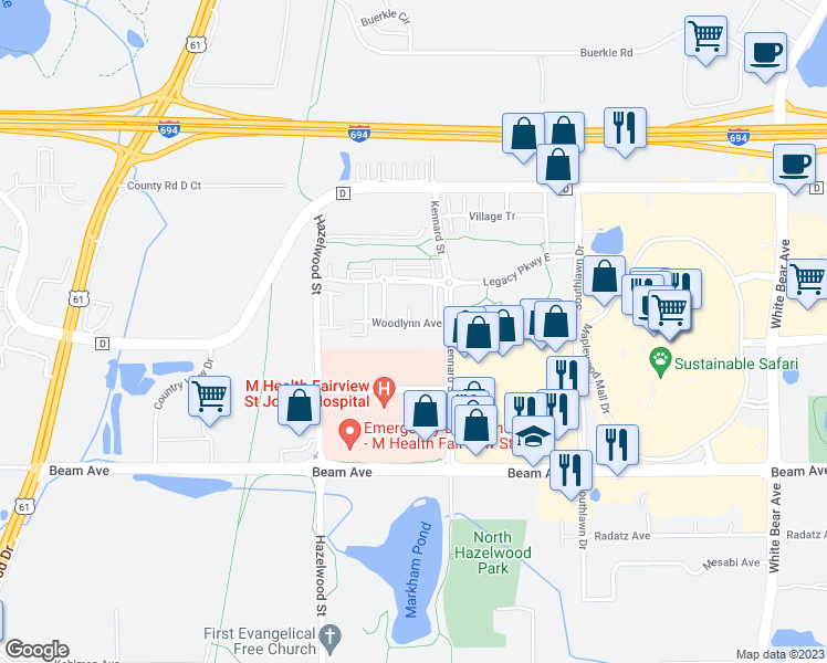 map of restaurants, bars, coffee shops, grocery stores, and more near 1610 Woodlynn Avenue in Saint Paul