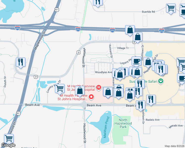 map of restaurants, bars, coffee shops, grocery stores, and more near 3012 Cottage Lane North in Saint Paul