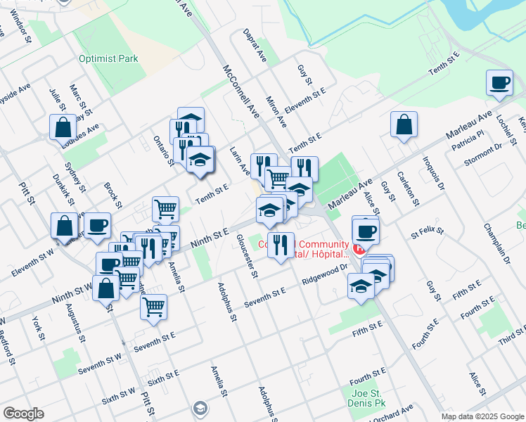 map of restaurants, bars, coffee shops, grocery stores, and more near 845 Marlborough Street in Cornwall