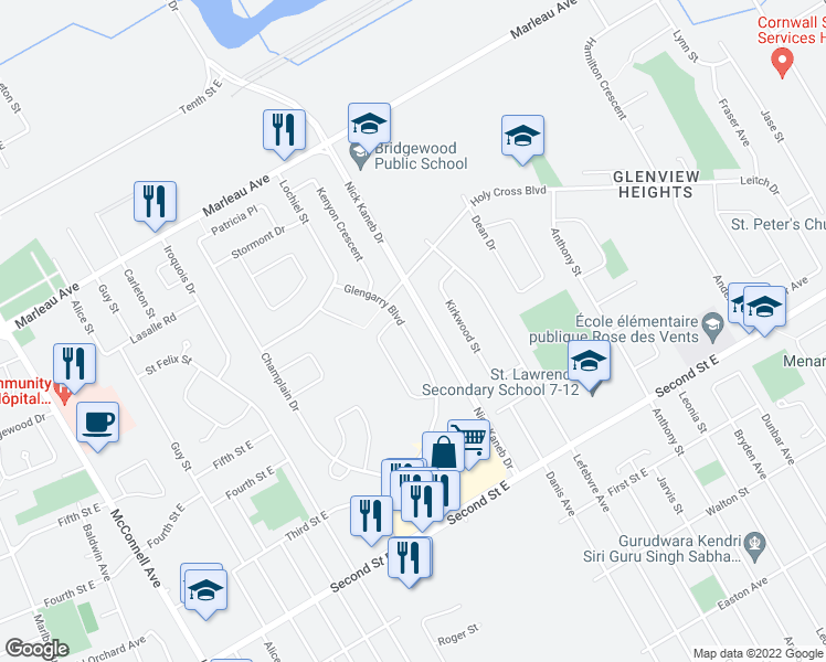 map of restaurants, bars, coffee shops, grocery stores, and more near 762 Glengarry Boulevard in Cornwall