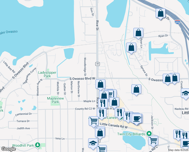 map of restaurants, bars, coffee shops, grocery stores, and more near 161 South Owasso Boulevard in Roseville
