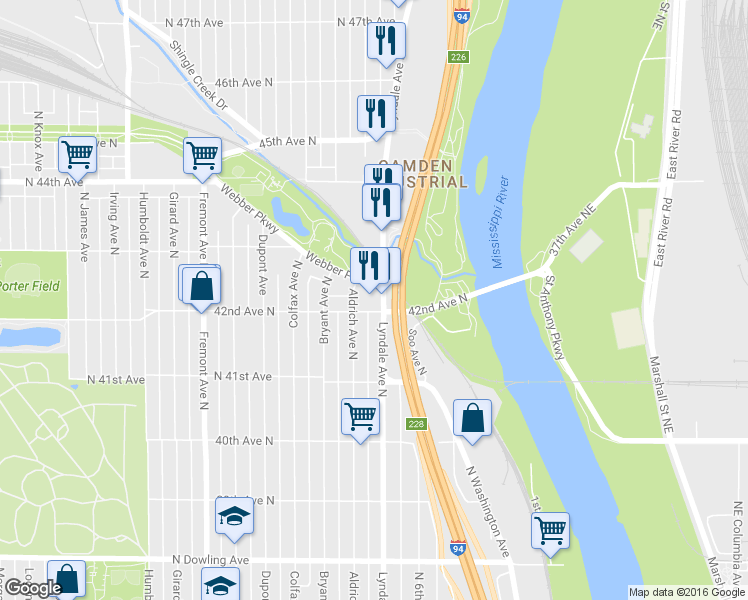 map of restaurants, bars, coffee shops, grocery stores, and more near 699 North 42nd Avenue in Minneapolis