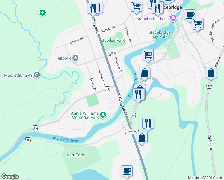 map of restaurants, bars, coffee shops, grocery stores, and more near in Bracebridge