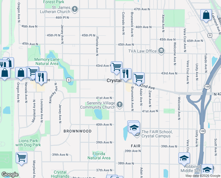 map of restaurants, bars, coffee shops, grocery stores, and more near 4141 Douglas Drive North in Minneapolis