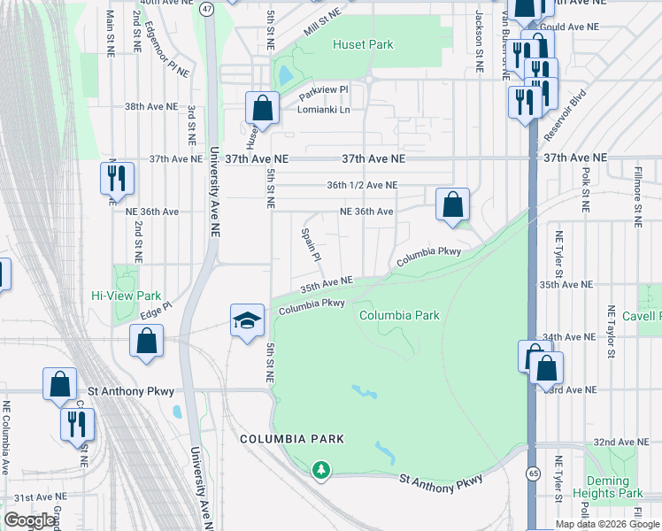 map of restaurants, bars, coffee shops, grocery stores, and more near 3501 35th Avenue Northeast in Minneapolis