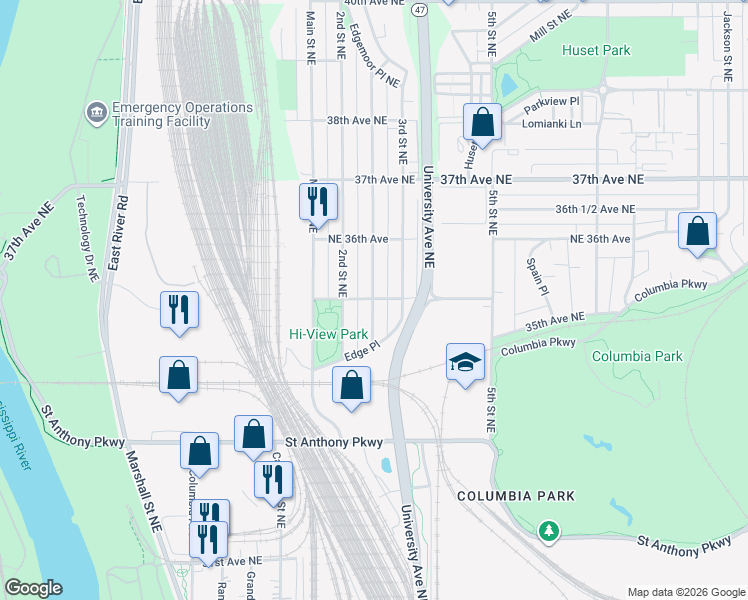 map of restaurants, bars, coffee shops, grocery stores, and more near 3442 2nd 1/2 Street Northeast in Minneapolis