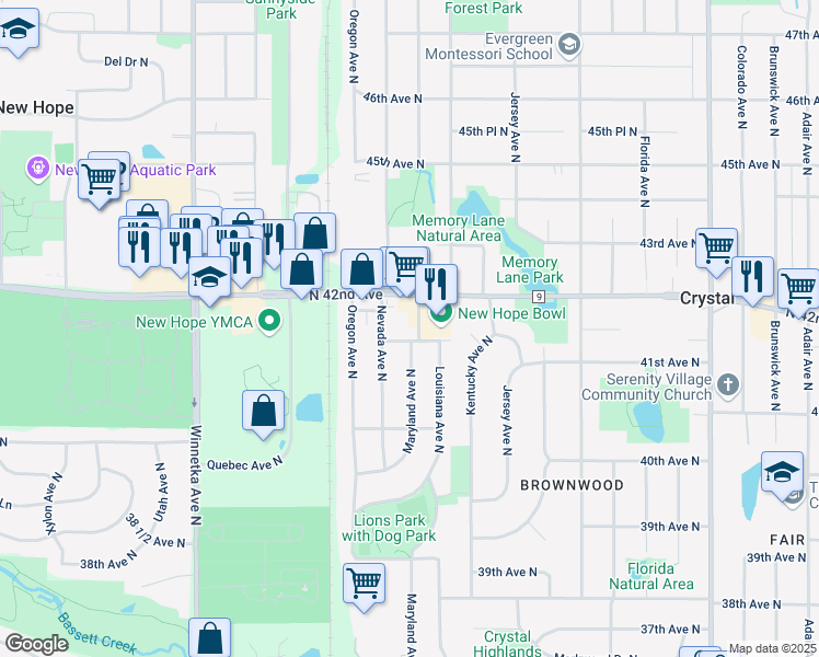 map of restaurants, bars, coffee shops, grocery stores, and more near 7321 41st Avenue North in Minneapolis