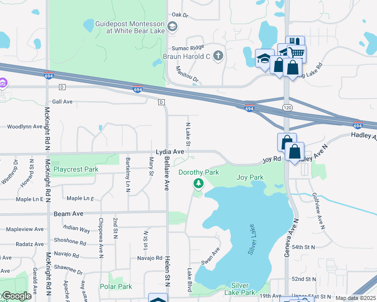 map of restaurants, bars, coffee shops, grocery stores, and more near 3001 North Lake Street in Maplewood
