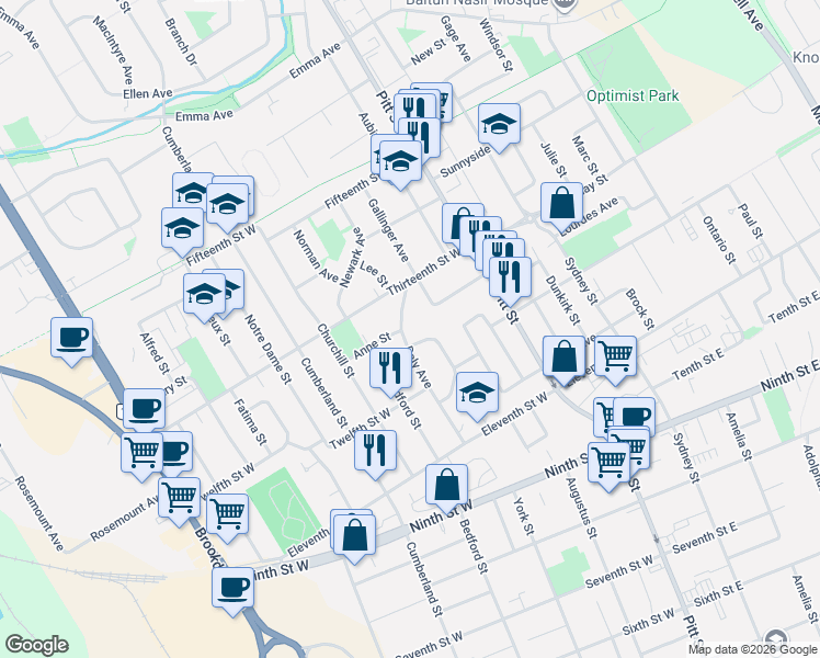 map of restaurants, bars, coffee shops, grocery stores, and more near 1227 Daly Avenue in Cornwall