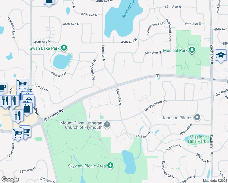 map of restaurants, bars, coffee shops, grocery stores, and more near 4240 Magnolia Lane North in Plymouth