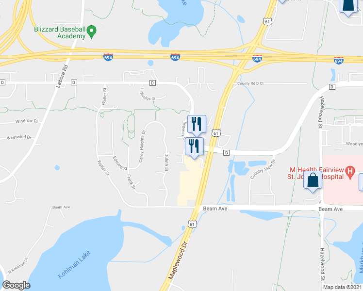 map of restaurants, bars, coffee shops, grocery stores, and more near 1256 County Road D East in Saint Paul