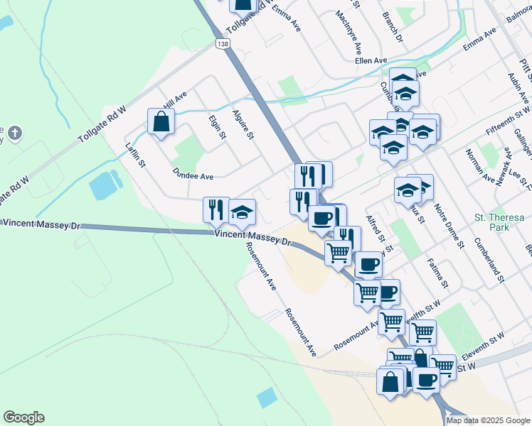 map of restaurants, bars, coffee shops, grocery stores, and more near 754 Laflin Street in Cornwall