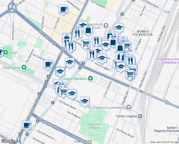 map of restaurants, bars, coffee shops, grocery stores, and more near 6 Via Pietro Francesco Guala in Torino