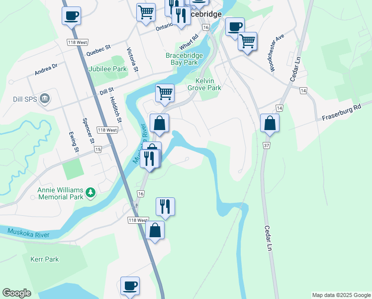 map of restaurants, bars, coffee shops, grocery stores, and more near 75-79 Southbank Drive in Bracebridge
