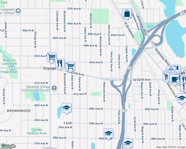 map of restaurants, bars, coffee shops, grocery stores, and more near 5701 North 42nd Avenue in Robbinsdale