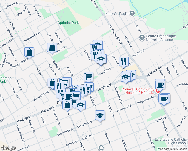 map of restaurants, bars, coffee shops, grocery stores, and more near in Cornwall