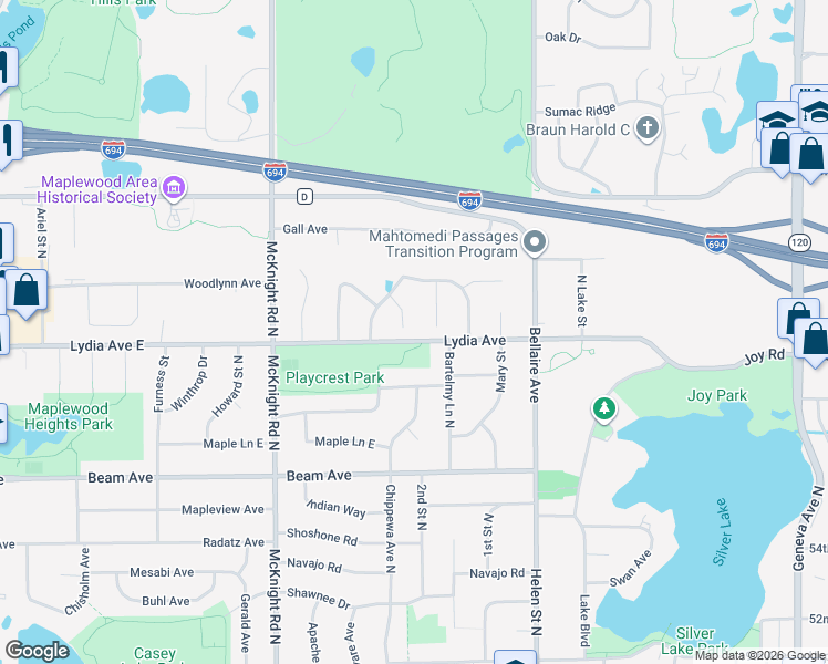 map of restaurants, bars, coffee shops, grocery stores, and more near 3004 Meyer Court in Saint Paul
