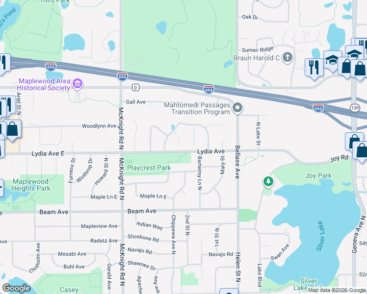 map of restaurants, bars, coffee shops, grocery stores, and more near 3004 Meyer Court in Saint Paul