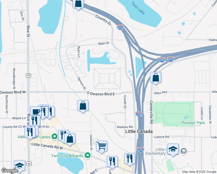 map of restaurants, bars, coffee shops, grocery stores, and more near 121 Big Circle Drive in Saint Paul