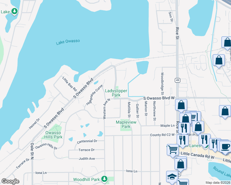 map of restaurants, bars, coffee shops, grocery stores, and more near 300-398 301-399 South Owasso Boulevard in Roseville