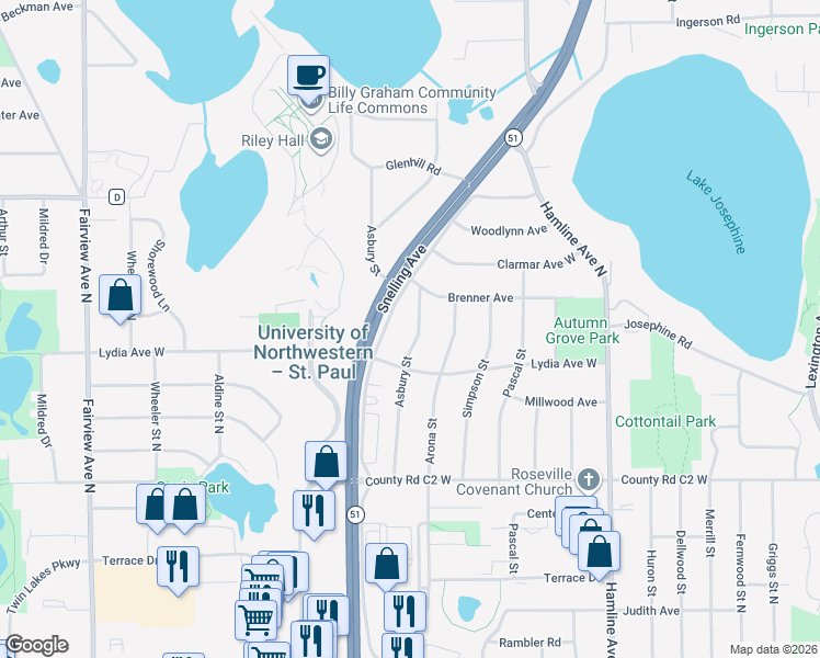 map of restaurants, bars, coffee shops, grocery stores, and more near 2999 Asbury Street in Roseville