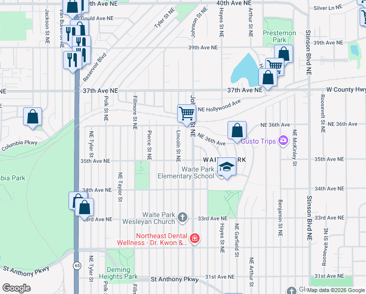 map of restaurants, bars, coffee shops, grocery stores, and more near 3500 Lincoln Street Northeast in Minneapolis