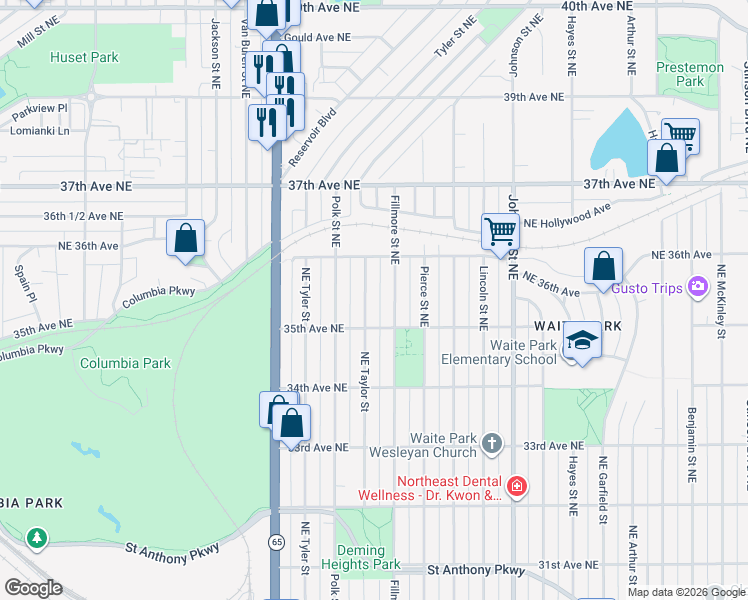 map of restaurants, bars, coffee shops, grocery stores, and more near 3507 Northeast Taylor Street in Minneapolis