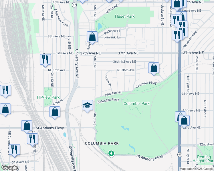 map of restaurants, bars, coffee shops, grocery stores, and more near 537 35th Avenue Northeast in Minneapolis
