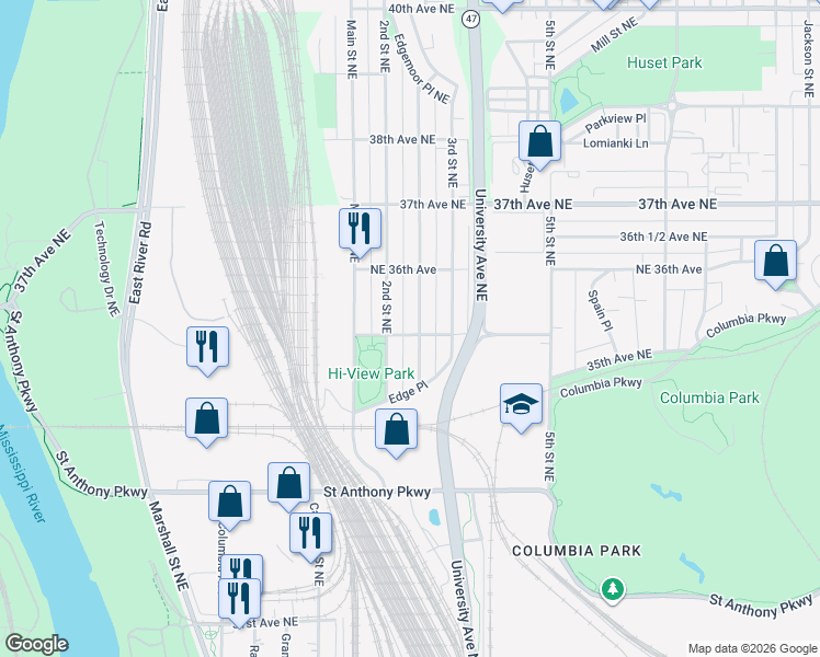 map of restaurants, bars, coffee shops, grocery stores, and more near 3442 2 1/2 Street Northeast in Minneapolis