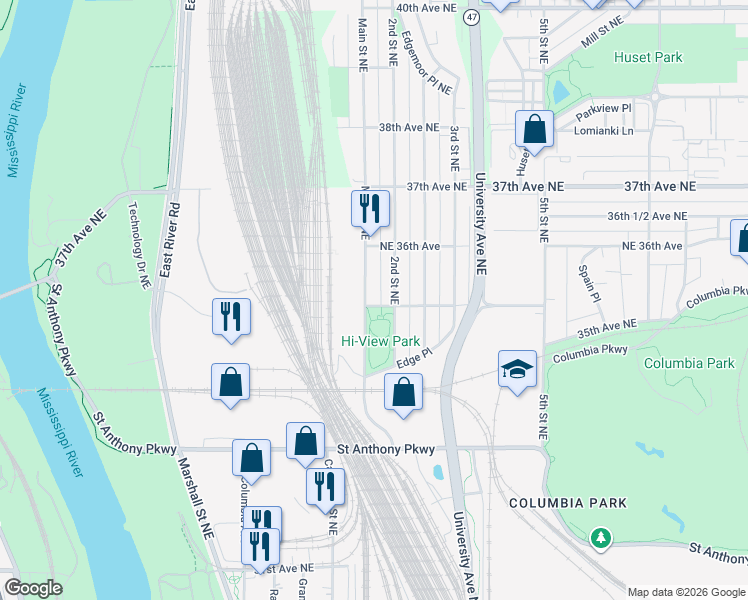map of restaurants, bars, coffee shops, grocery stores, and more near 3474 2nd Street Northeast in Minneapolis