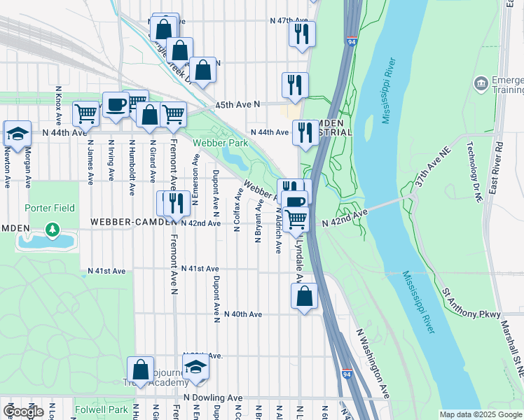 map of restaurants, bars, coffee shops, grocery stores, and more near 909 North 42nd Avenue in Minneapolis
