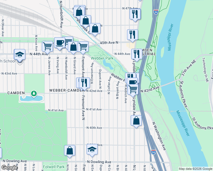 map of restaurants, bars, coffee shops, grocery stores, and more near in Minneapolis