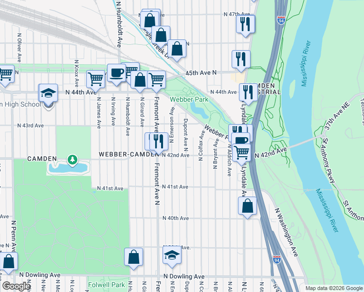 map of restaurants, bars, coffee shops, grocery stores, and more near 4200 North Emerson Avenue in Minneapolis