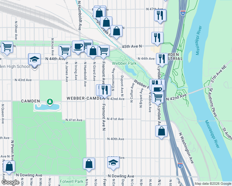 map of restaurants, bars, coffee shops, grocery stores, and more near 4200 North Emerson Avenue in Minneapolis